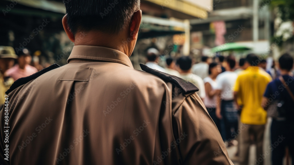 A police officer standing on a security street. A police officer standing on a security street.