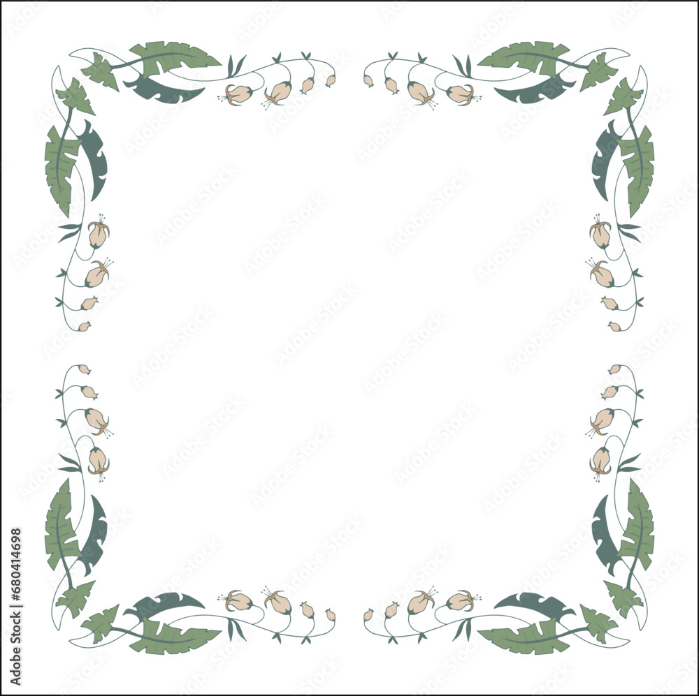 Green floral frame with tropical leaves and flowers, decorative corners for greeting cards, banners, business cards, invitations, menus. Isolated vector illustration.