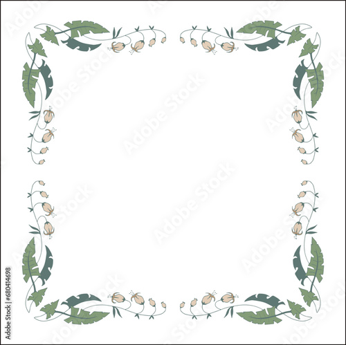  Green floral frame with tropical leaves and flowers, decorative corners for greeting cards, banners, business cards, invitations, menus. Isolated vector illustration.