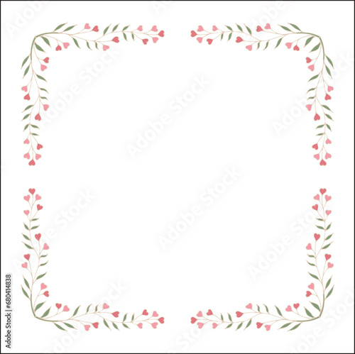  Green floral frame with heart shaped flowers, decorative corners for greeting cards, banners, business cards, invitations, menus. Isolated vector illustration. © Olha