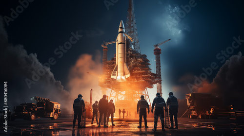 Digital photo of the A group of aerospace engineers is preparing a space heavy rocket for launch on the launch pad of the cosmodrome