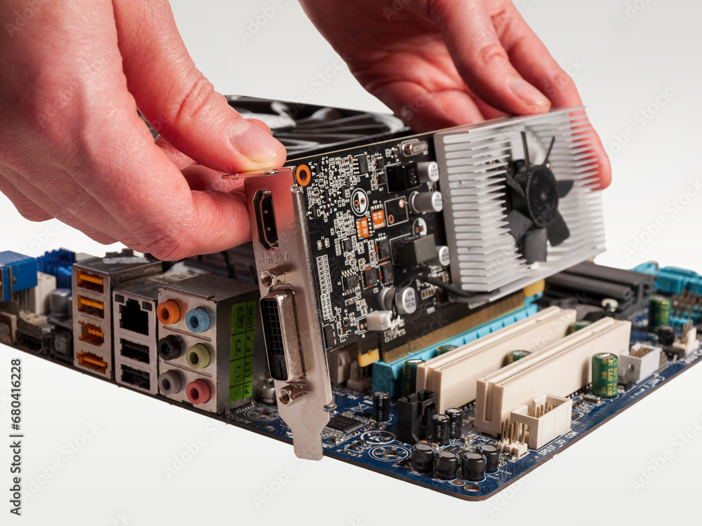 video card for playing and processing video and audio signals for connecting to a computer connector isolated on a white background video card for playing and processing video and audio signals for connecting to a computer connector isolated on a white background