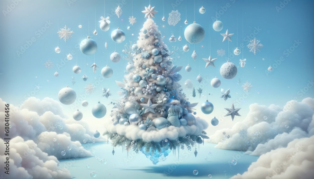 Serene christmas tree on a floating island with snowflakes and clouds, embodying a peaceful winter fairy tale, copy space for text, invitation for celebration party or greeting card layout