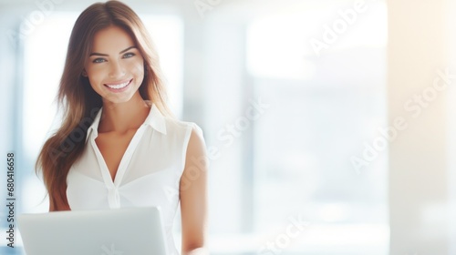 Free Download A woman in a white shirt holding a laptop, focused on her work. - GFXLoad