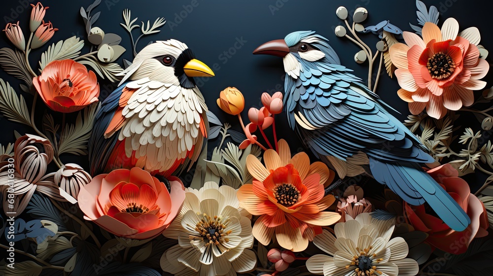 Organic forms and vibrant colors of colourful birds and flowers.