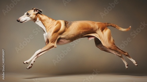 a classic and elegant image of a graceful Greyhound in mid-stride, capturing its elegance