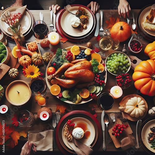 Autumn thanksgiving moody background with pumpkin pie, different pumpkins, fall fruit and flowers on green rustic wooden table