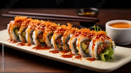 a close-up shot of a spicy tuna roll with a drizzle of spicy mayo