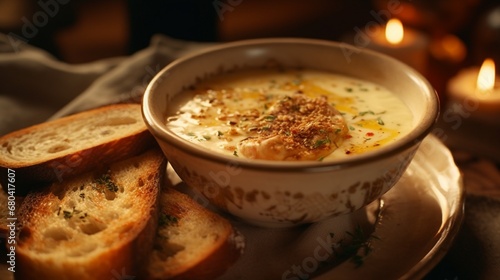 a close-up shot of a comforting bowl of roasted garlic soup with toasted bread