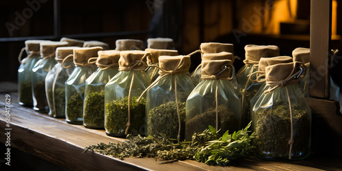 assortment of medical marihuana herbs on shop shelves