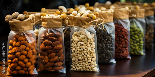assortment of nuts in transparent packaging on the shop shelf