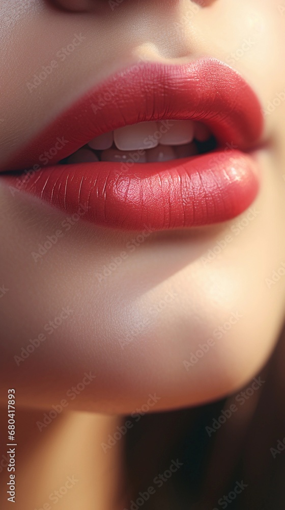 Obraz premium close-up portrait of a smiling female lip, AI generated, background image