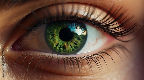 close-up portrait of a female green eye, AI generated, background image