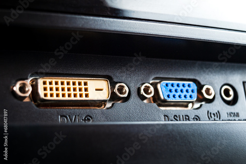 DVI HDMI digital and VGA analog video connector for connecting an external TV screen monitor to a computer laptop for watching video video signal transmission isolated on a white background
