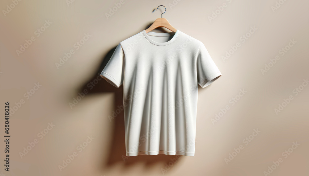 Single white t-shirt hanging on wooden hanger, warm beige background. Product branding concept. Generative AI