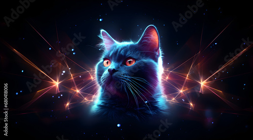 A mystical cat with glowing eyes and a neon laser design.