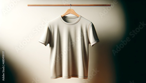 Ivory t-shirt mockup on wooden hanger, soft shadow backdrop. Apparel design presentation. Generative AI