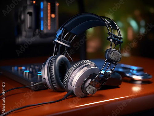 Studio headphones on orange surface with equipment in background. Generative AI