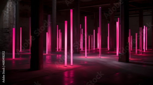 Iconic Industrial Elegance: Dark Room with Pink Lights, Columns and Totems in Post-Modernist Installation Style. Redshift Influence, Cloudcore Aesthetics, Vibrant and Iconic © Sandu