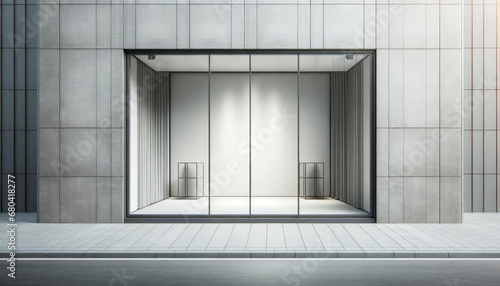Concrete storefront with mockup display window on city street. Fashion and elegance concept. Generative AI