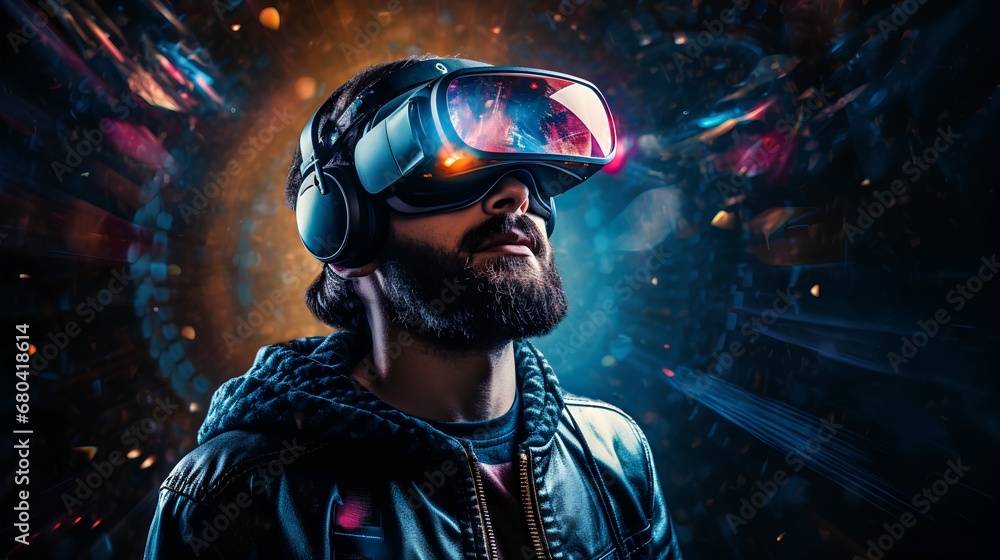 A techsavvy individual is immersed in a futuristic virtual reality experience, wearing VR goggles surrounded by interactive 3D holograms, showcasing the cuttingedge of immersive technology. A techsavvy individual is immersed in a futuristic virtual reality experience, wearing VR goggles surrounded by interactive 3D holograms, showcasing the cuttingedge of immersive technology.