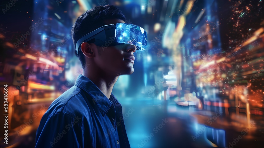 A techsavvy individual is immersed in a futuristic virtual reality experience, wearing VR goggles surrounded by interactive 3D holograms, showcasing the cuttingedge of immersive technology. A techsavvy individual is immersed in a futuristic virtual reality experience, wearing VR goggles surrounded by interactive 3D holograms, showcasing the cuttingedge of immersive technology.
