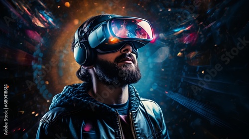A techsavvy individual is immersed in a futuristic virtual reality experience, wearing VR goggles surrounded by interactive 3D holograms, showcasing the cuttingedge of immersive technology.
