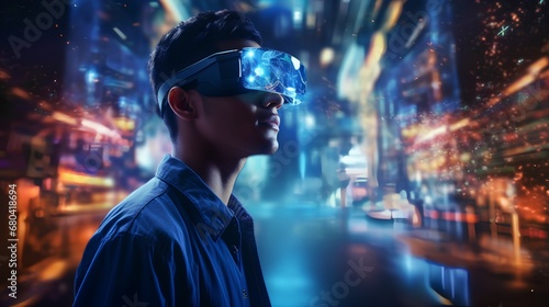 A techsavvy individual is immersed in a futuristic virtual reality experience, wearing VR goggles surrounded by interactive 3D holograms, showcasing the cuttingedge of immersive technology.