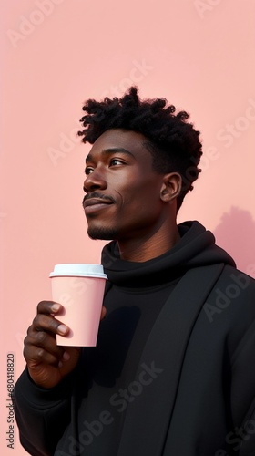 Portrait of a black male drinking coffee against pastel background with space for text, AI generated, background image
