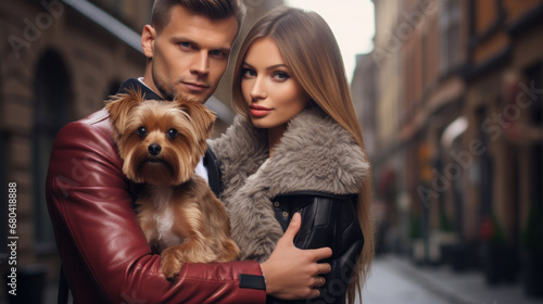 Young fashionable caucasian couple smiling happy make selfie by the camera with dog at the city.