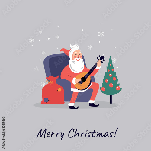 Funny Santa Claus playing on guitar flat icon , santa playing ukulele, ready for print, Santa claus with acoustic guitar singing Christmas carols for merry christmas card