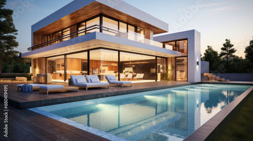 Modern villa with pool and deck with interior photo