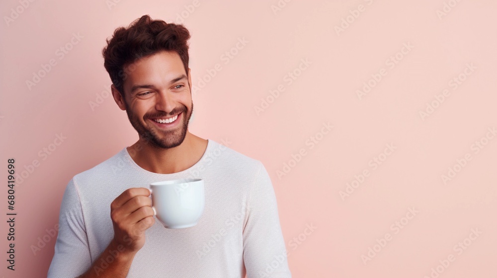 Portrait of a white male holding a cup of hot coffee against pastel background with space for text, AI generated, background image - obrazy, fototapety, plakaty 