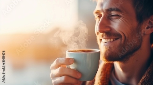 Portrait of a white male drinking hot coffee against morning vibes background with space for text, AI generated, background image