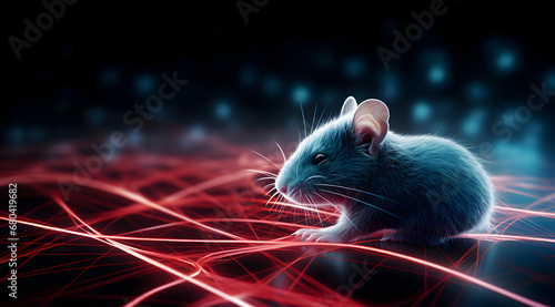 A tiny mouse illuminated by a dazzling red neon light effect.
