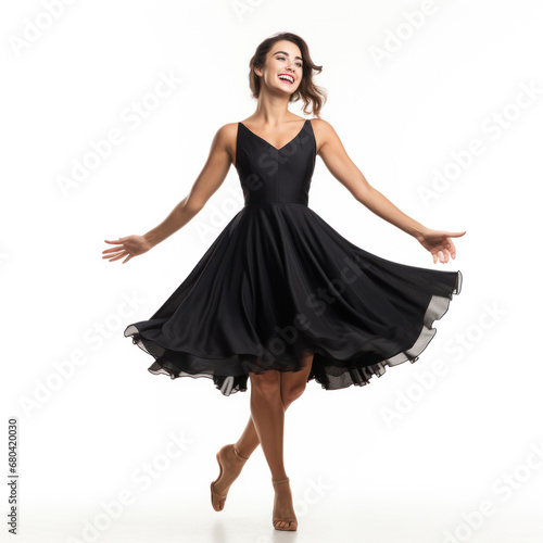 Beautiful Woman in Black Dress. Fashion Model in Evening Gown flying on Wind. Elegant Lady in Black Hat and Gloves over Isolated Background. Women Luxury Style Clothing