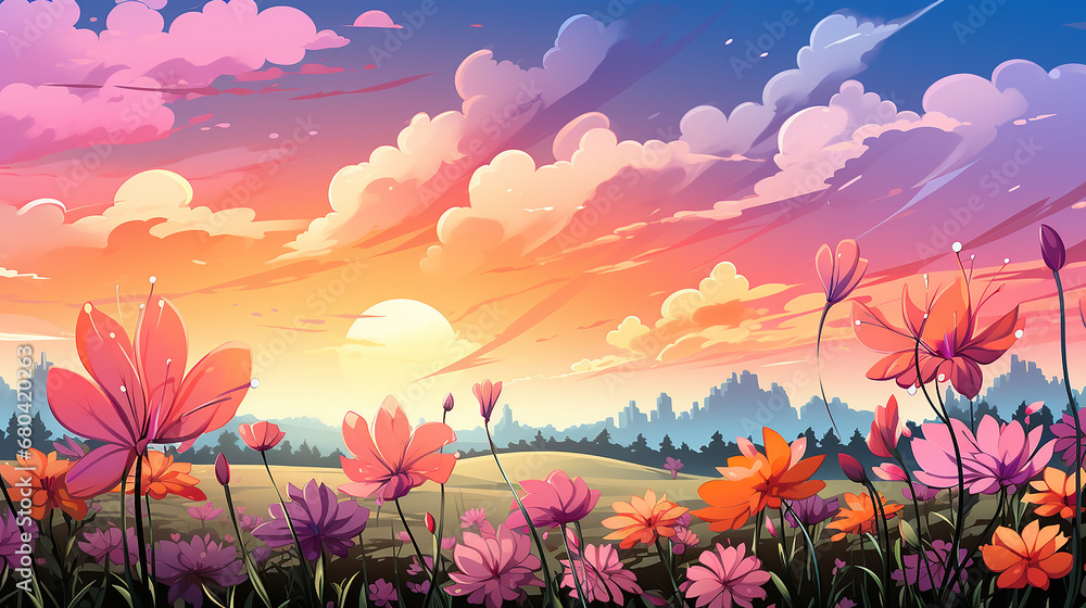 Free_vector_sunbeam_over_a_field_of_flowers