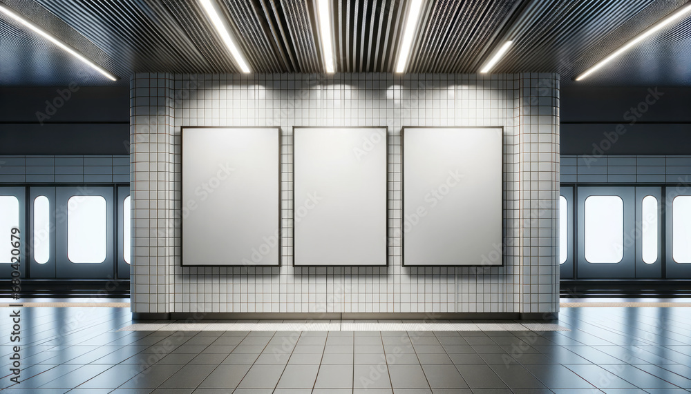 Empty underground station with three blank white posters on the wall, mockup. Generative AI - obrazy, fototapety, plakaty 