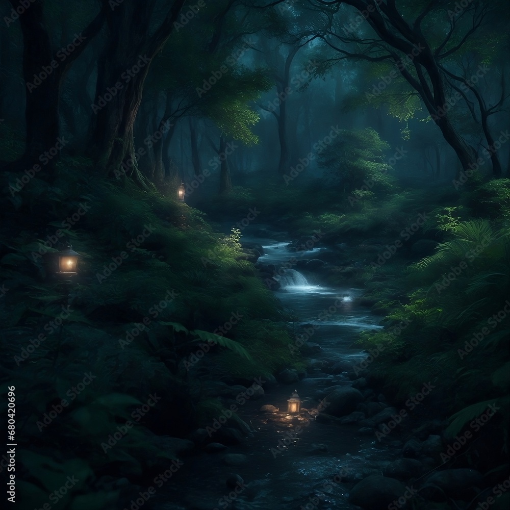 Noite Floresta: Photo Realistic Fantasy Painting in 8K, Highly Detailed Concept Art