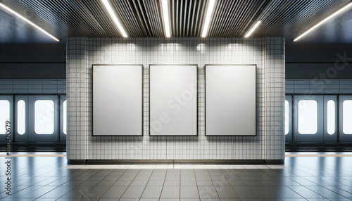 Empty underground station with three blank white posters on the wall, mockup. Generative AI