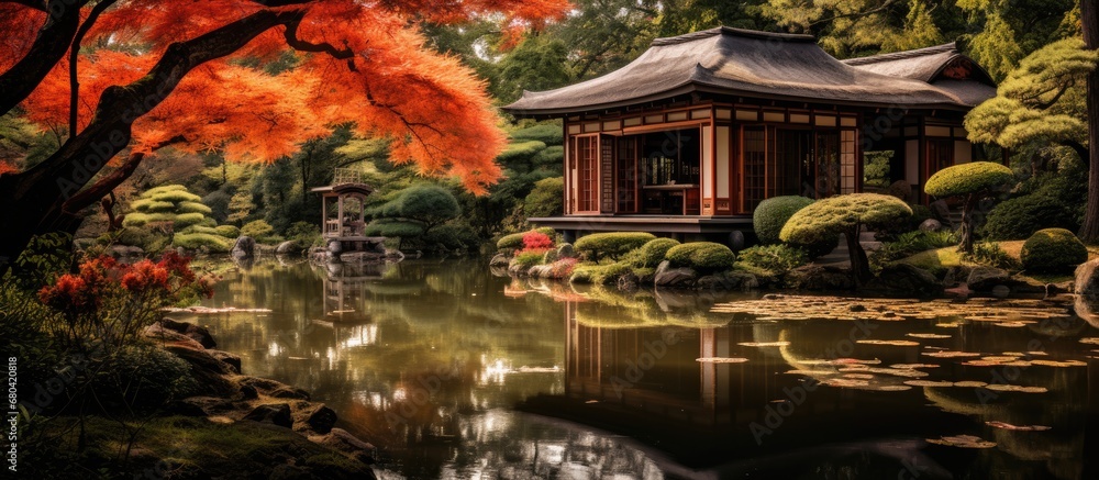In a beautiful Japanese garden, a red house with a gold design stands tall, surrounded by vibrant orange plants and the soothing sound of water, making it the perfect summer home for the animal