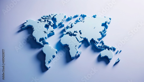 Fototapeta Naklejka Na Ścianę i Meble -  Layered 3D world map in varying shades of blue, casting soft shadows. Digital cartography concept. Generative AI
