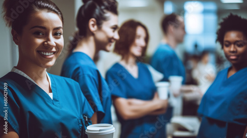 Female doctors drinking coffee while with colleagues in the background