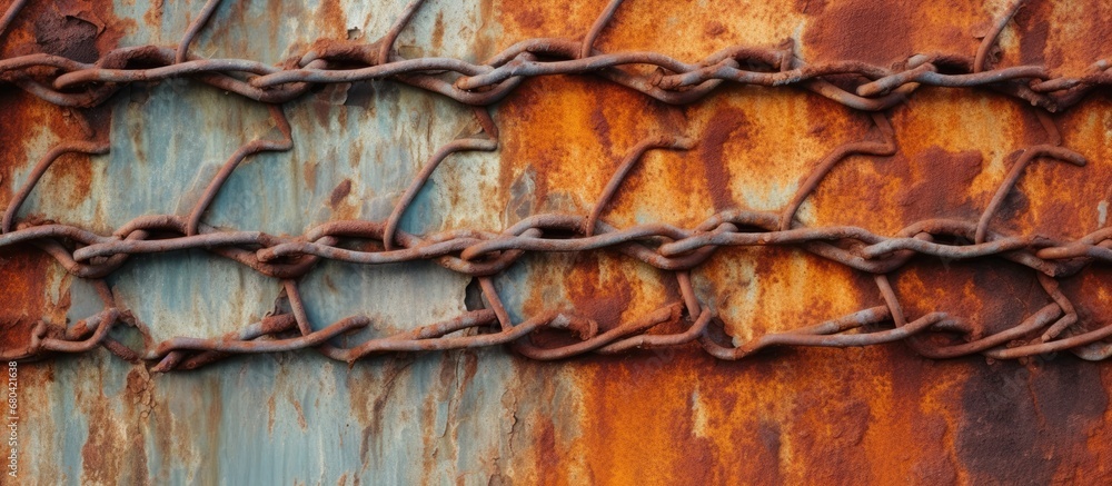 The old steel fence, with its grunge texture, had layers of rust and corrosion, but it still offered a sense of security and protection with its robust metal wire grid and sturdy chain.
