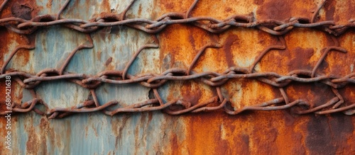 The old steel fence, with its grunge texture, had layers of rust and corrosion, but it still offered a sense of security and protection with its robust metal wire grid and sturdy chain.
