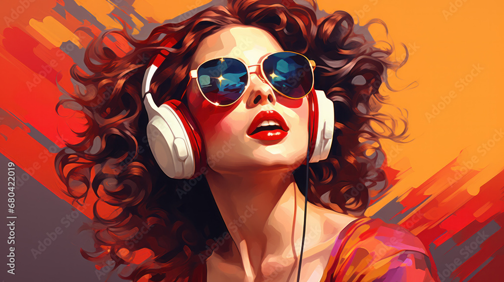 portrait of cute woman in headphones on a colored background