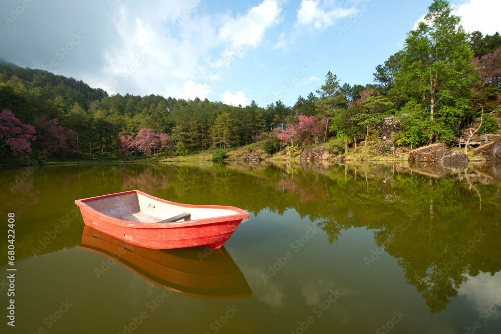 Beautiful scenery of a fishing boat on a lake with a reflection in the water Beautiful scenery of a fishing boat on a lake with a reflection in the water