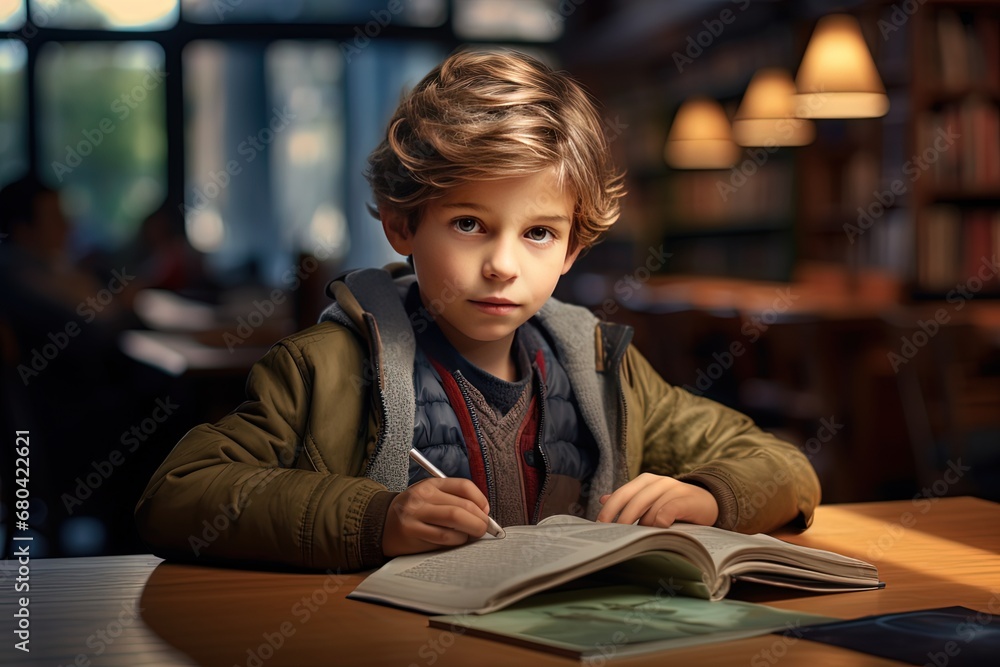 smart kid serious reading textbook in big library, Generative Ai smart kid serious reading textbook in big library, Generative Ai