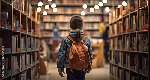 young children  in big library walking between bookshelf, Generative Ai © QuietWord