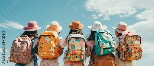 young children with backpack travel together in school field trip day, happy joyful young childhood lifestyle, Generative Ai photo